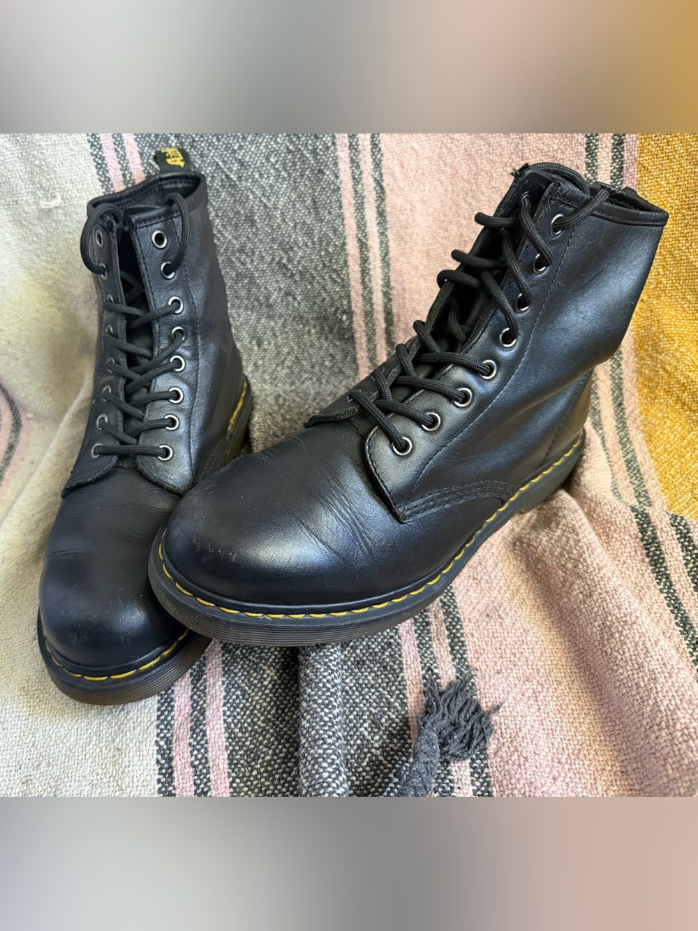 Dr. Martens - 1460 - Black Leather Lace-Up Boots with Yellow Welt Stitching